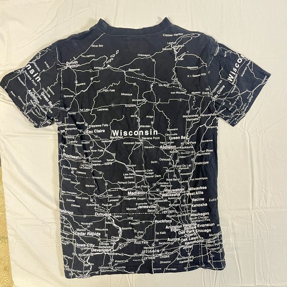 Vintage 90s American Crown Wisconsin All Over Print Map T Shirt Men Medium Black - Picture 5 of 9